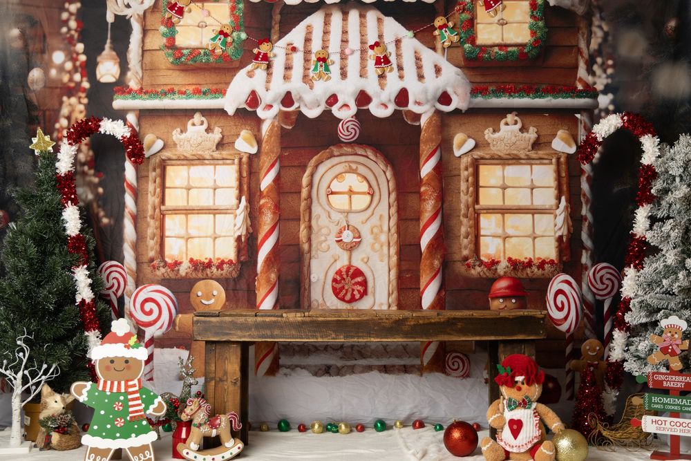 Festive gingerbread house backdrop with candy canes, lollipops, Christmas trees, and holiday decorations for seasonal photography.
