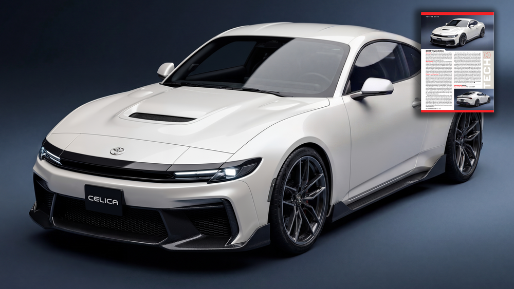 White Toyota Celica concept car with aggressive styling, dark alloy wheels, and hood scoop displayed against a dark background.