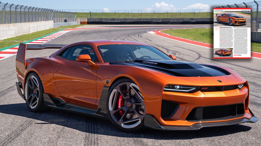 Orange Chevrolet Camaro concept race car with aggressive body kit on a track, featured in a magazine spread.