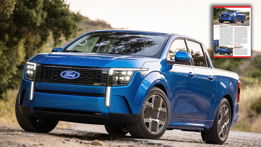 Blue Ford pickup truck concept vehicle parked on a dirt road, showcasing bold modern design with distinctive LED headlights.