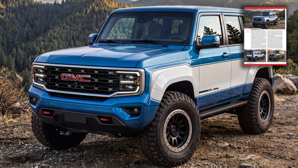 Blue and white GMC concept SUV with aggressive off-road styling, lifted suspension, and large tires on rocky terrain.
