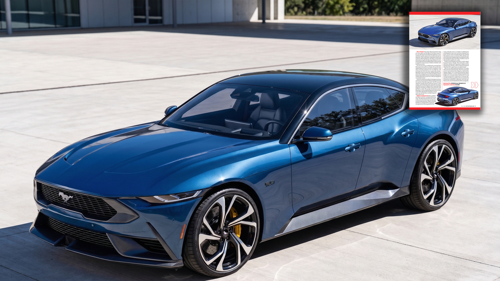 Blue Ford Mustang concept car parked on pavement, showcasing sleek fastback design with modern styling cues and dark alloy wheels.
