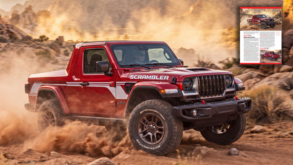 Red Jeep Scrambler pickup truck kicking up dust on a rocky desert trail, showcasing its rugged off-road capabilities.