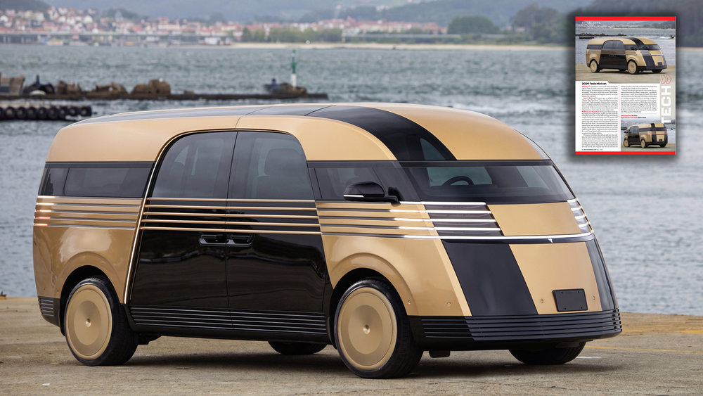 A futuristic gold and black electric concept van with sleek Art Deco styling parked near a waterfront.