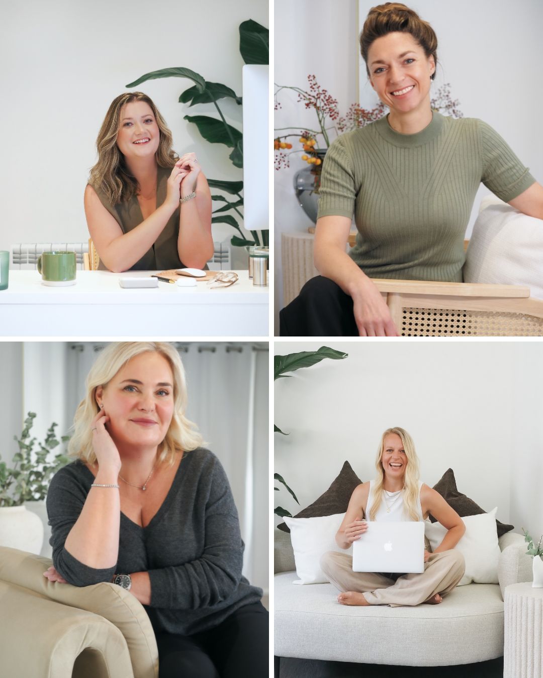 Collage of four professional women posing in bright modern home office settings, smiling confidently.