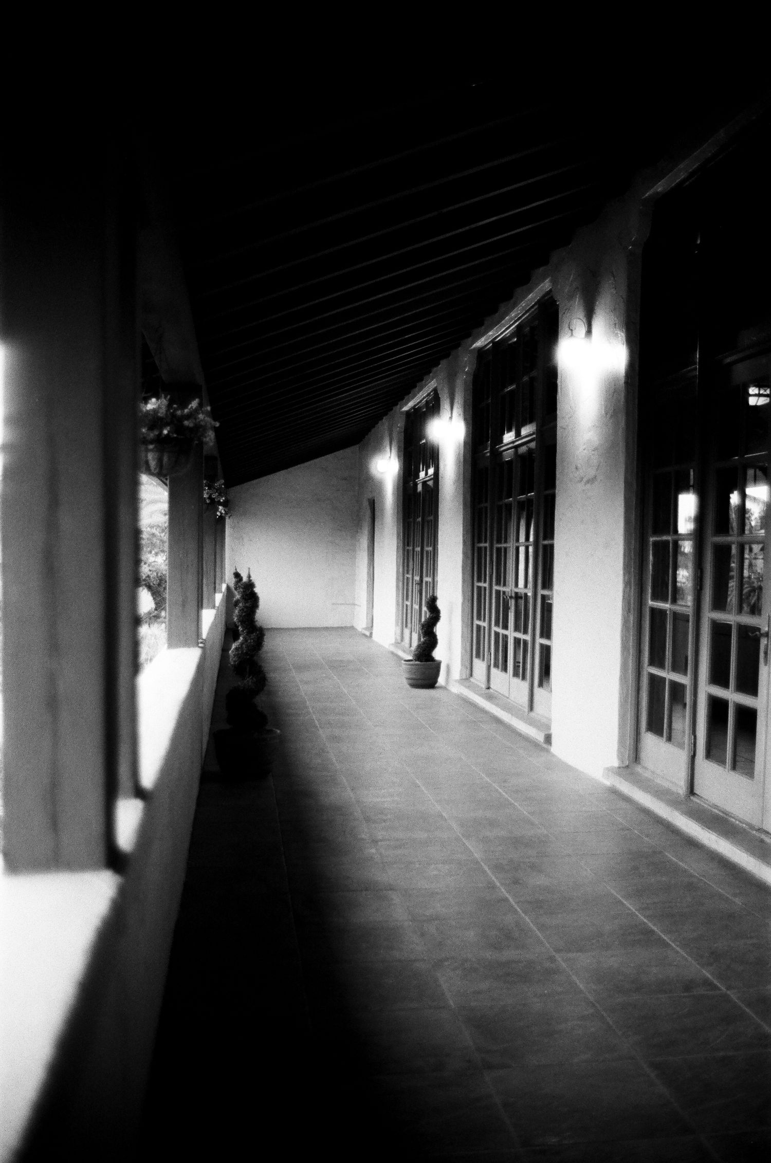Black and white photo of an elegant building interior with curved staircase, arched doorway, and sunlight streaming through glass doors.