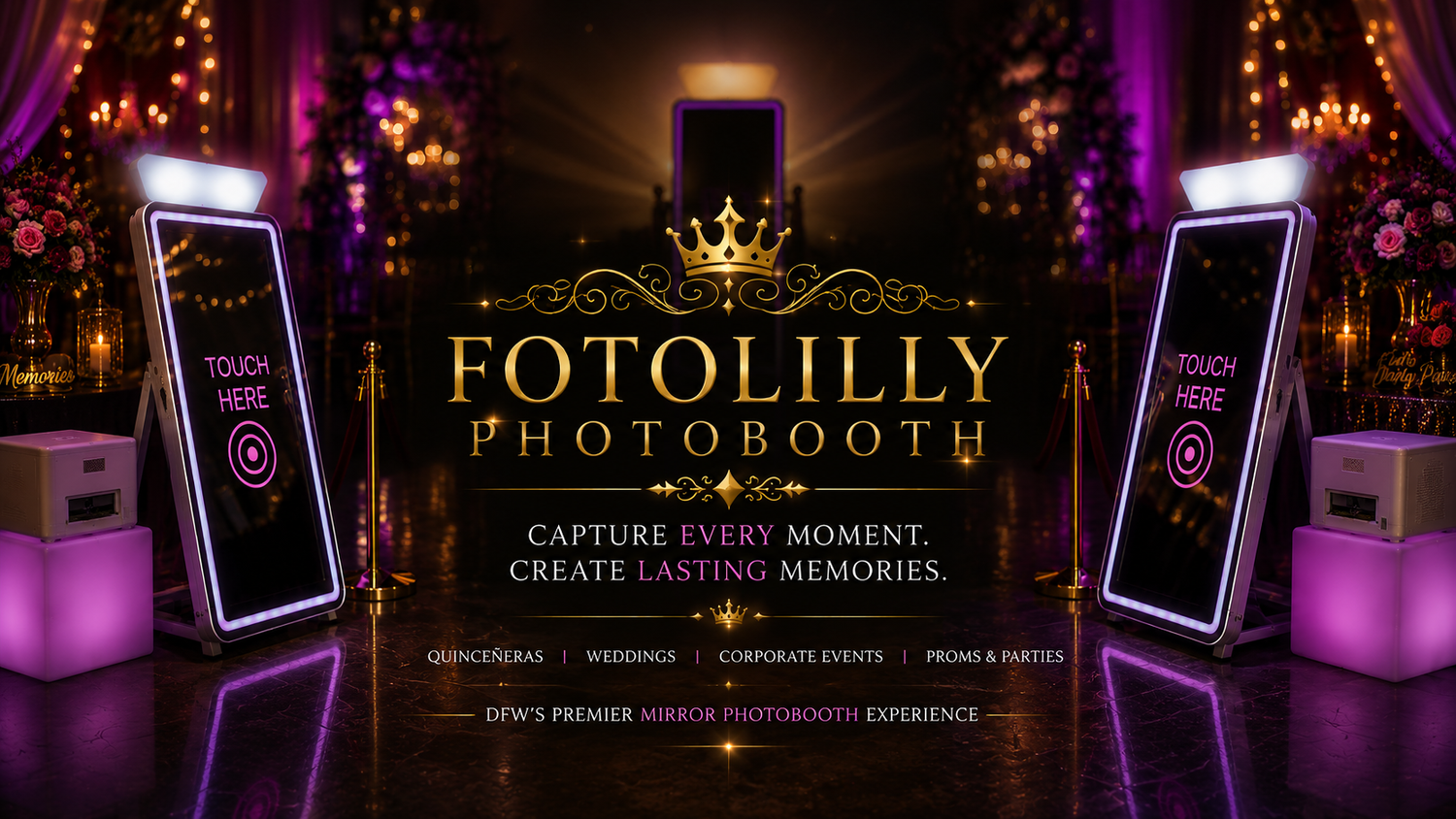Fort Worth quinceanera photo booth price include premium 5x7 prints, unlimited sessions and interactive Mirror Booth for DFW events Texas