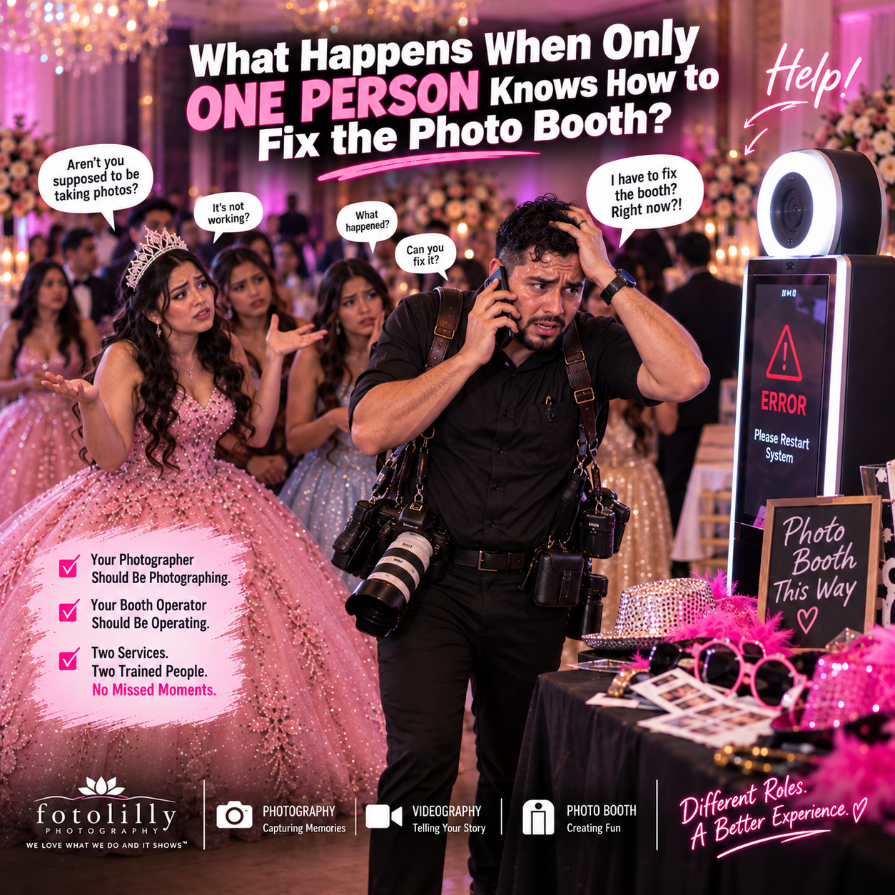 Dallas Fort Worth quince photobooth service with trained attendants, Mirror Photo Booth rental, photo prints and pro DFW event experience