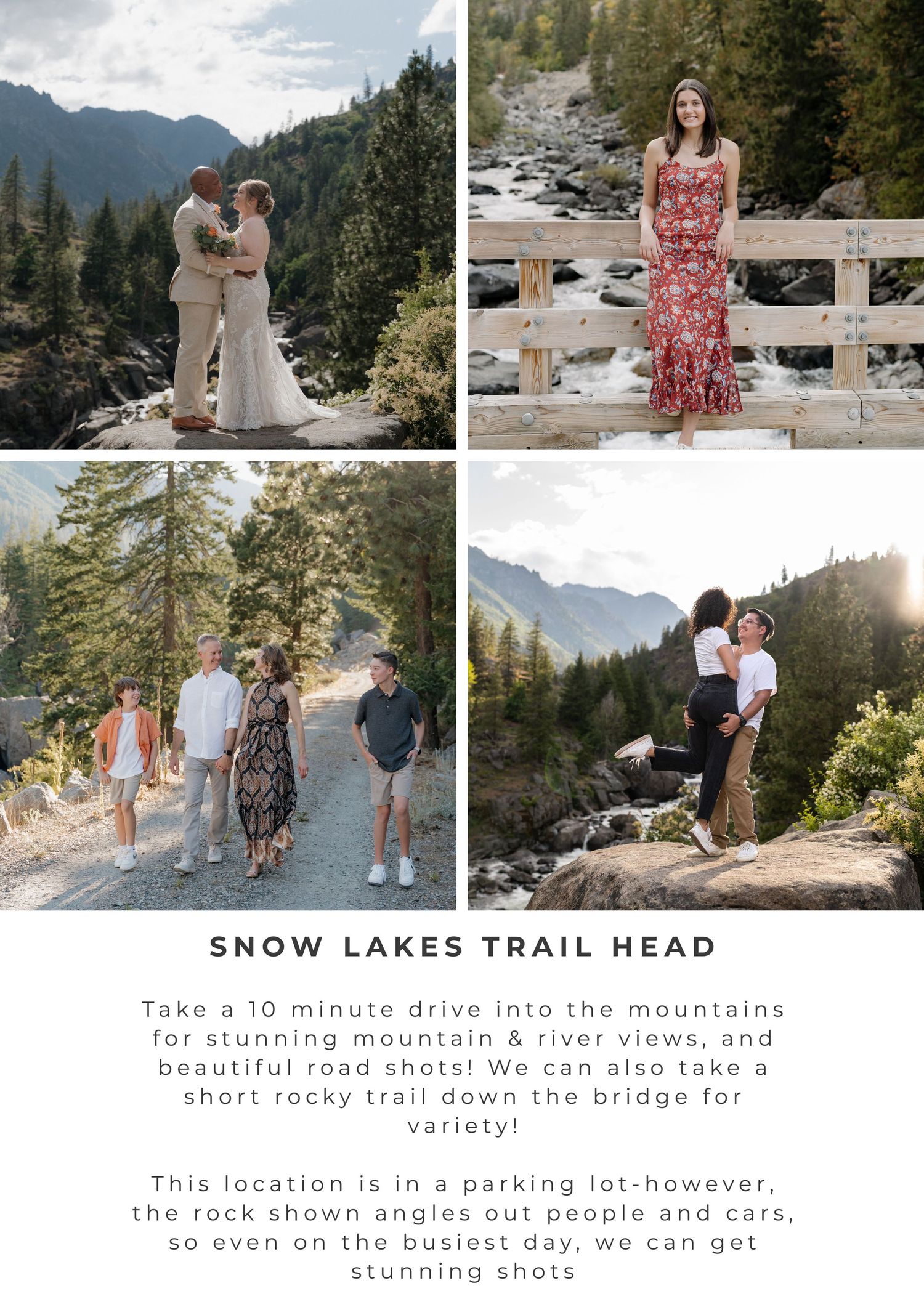 Couples and family portraits at Snow Lakes Trail Head featuring mountain views, river scenery, and rocky trails near Leavenworth, WA.