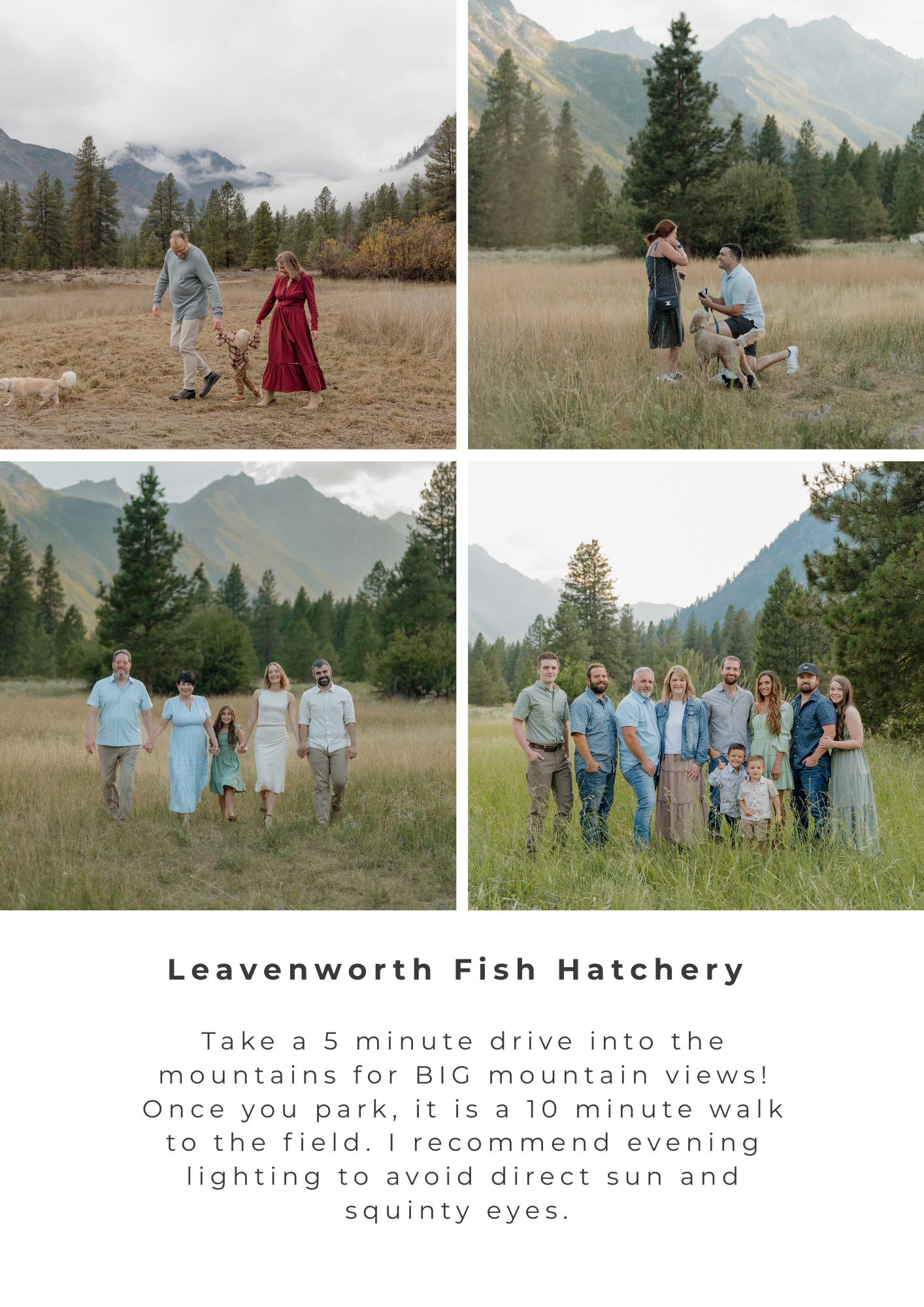 Family photos at Leavenworth Fish Hatchery with stunning mountain views, tall pines, and golden fields in Washington State.