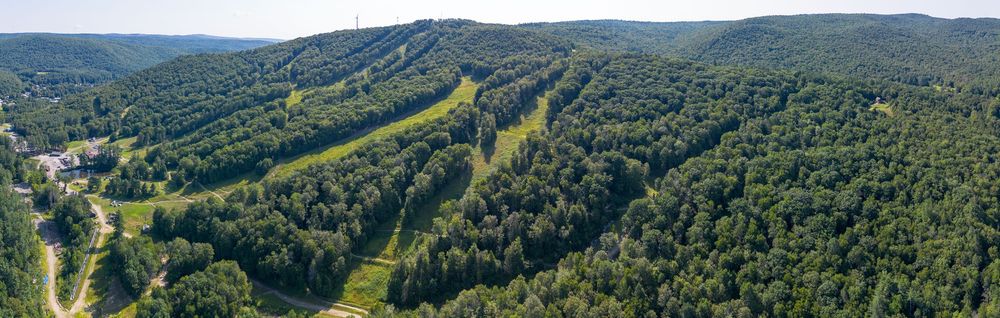 Panoramic aerial view of ski resort slopes cutting through dense green mountain forest.