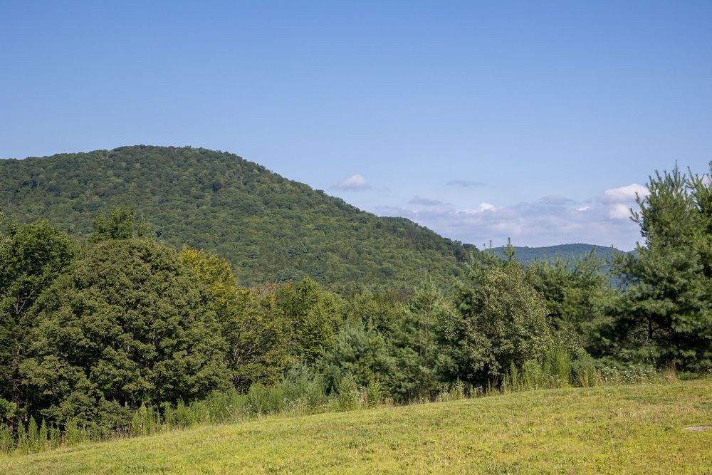 Lush green mountain landscape with forested hills under a clear blue sky.