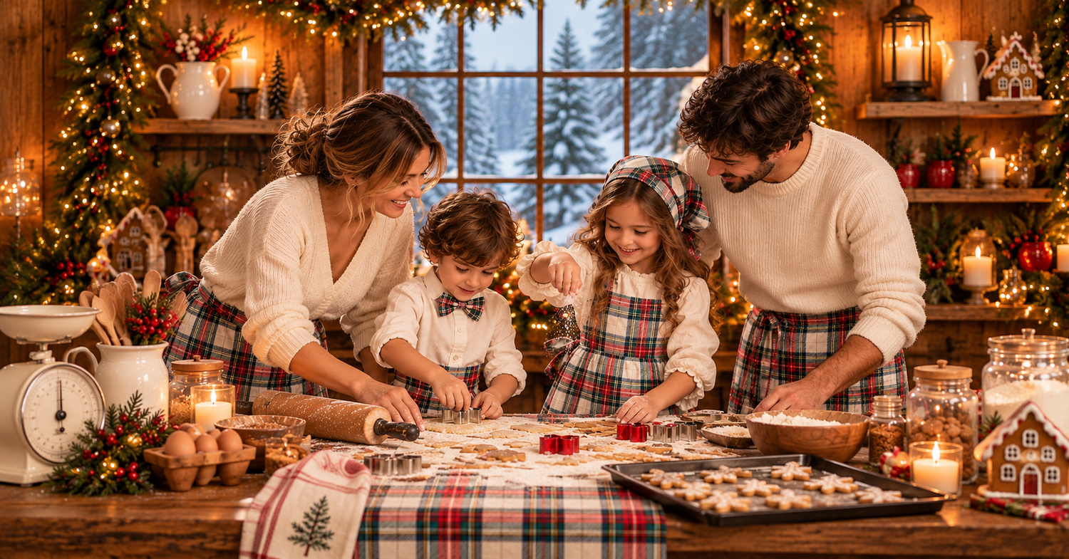 Familia preparando galletas en el escenario Navidad entre harina y canela para las sesiones de Navidad 2026 de Rosi López Fotografía.