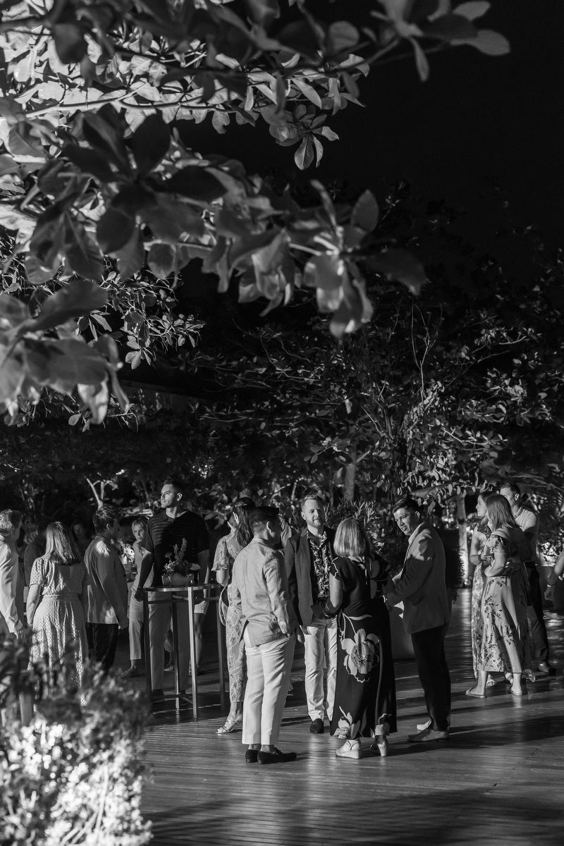 Black and white photo of elegantly dressed guests mingling outdoors at a night event surrounded by lush tropical trees.