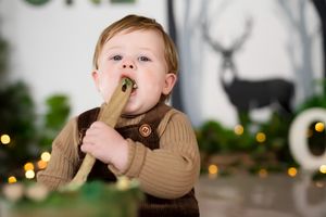 Adorable baby boy in brown knit outfit chewing a stick at a festive Christmas photo shoot with deer decor.