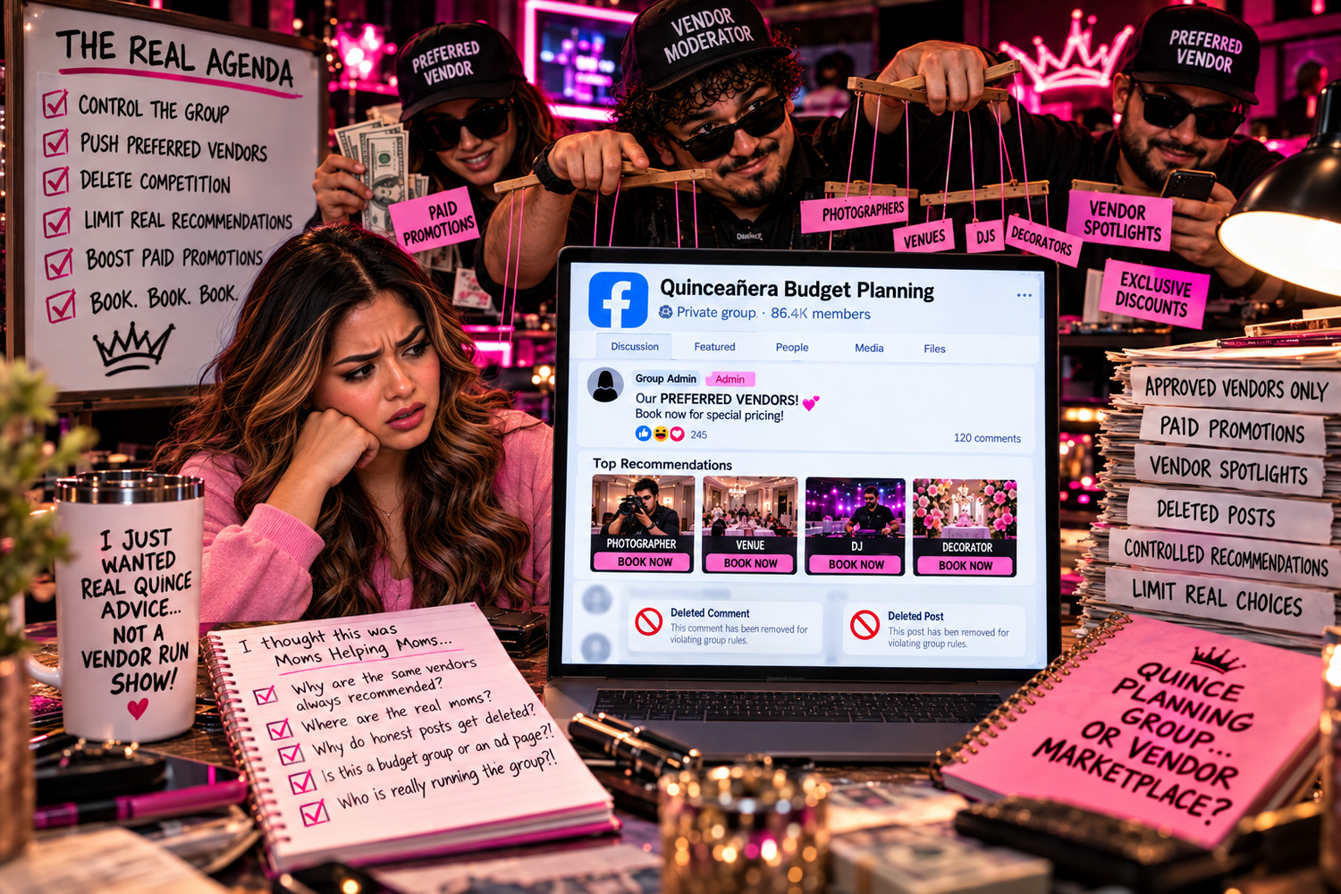 Facebook group moderator deleting independent quince vendor recommendations while promoting approved photographers and preferred businesses