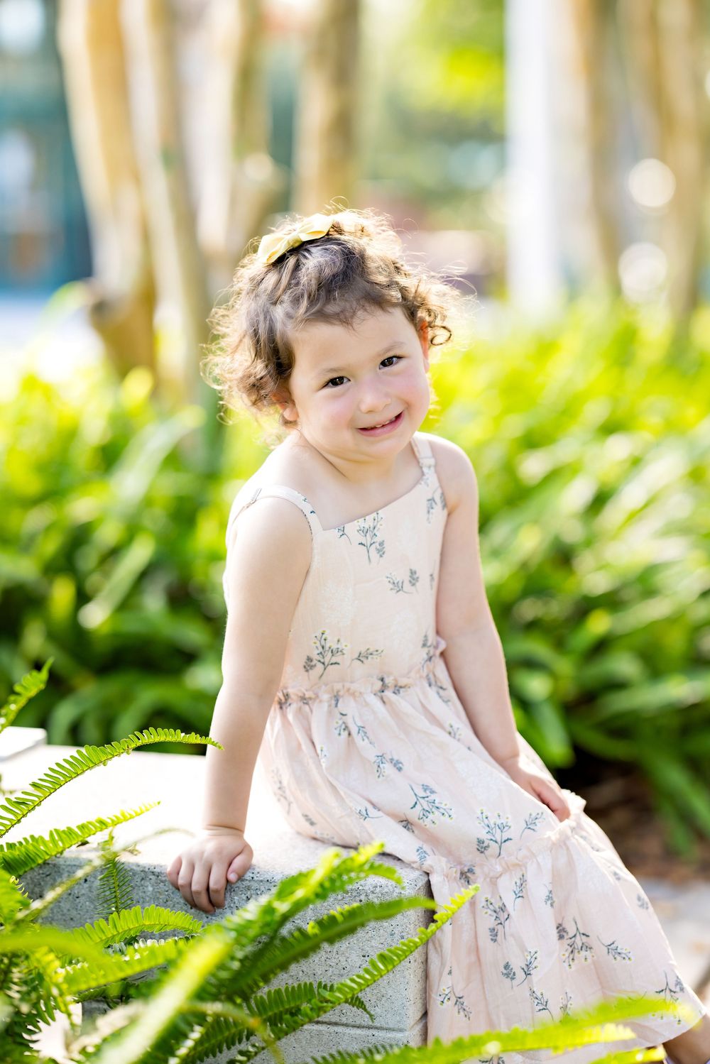 A smiling toddler girl in a floral dress sits on a rock surrounded by lush green ferns in a sunny garden.