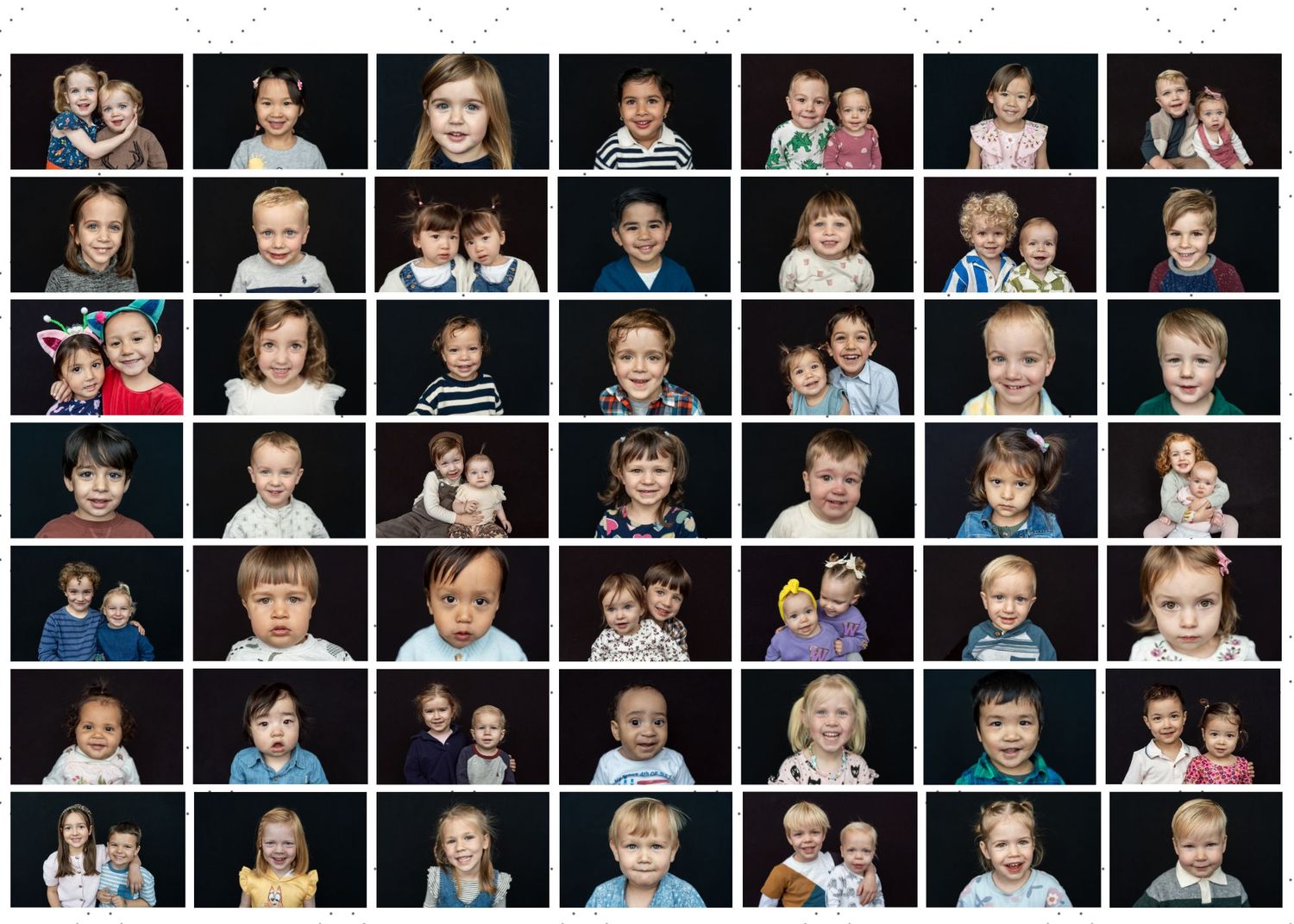 A photo collage grid showing multiple candid portraits of children in casual settings with various expressions and poses.