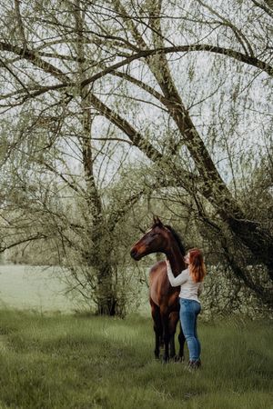 A redhead woman in jeans tenderly touches a brown horse under a large tree in a lush green field.