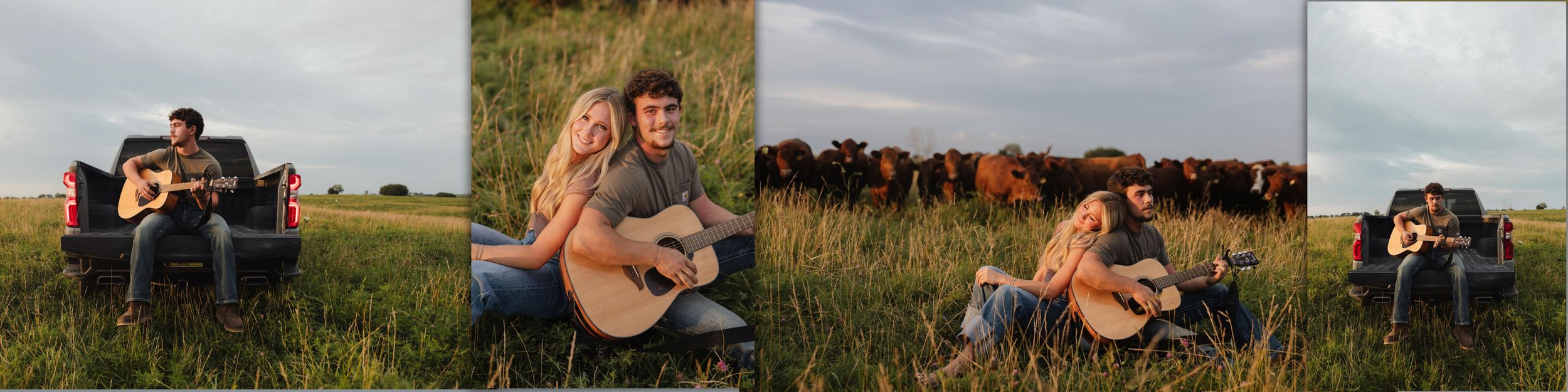 Couple sitting on a couch in a field playing guitar with cattle grazing in the background at sunset.