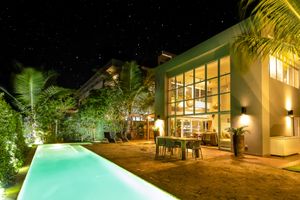Modern luxury villa with illuminated swimming pool and palm trees at night showcases contemporary architecture.