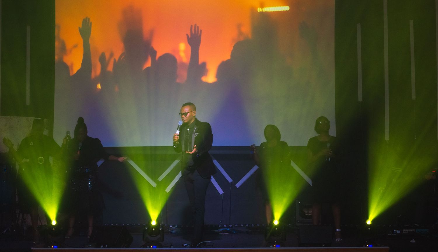 A concert performer silhouetted on stage with colorful spotlights and crowd shadows in background.