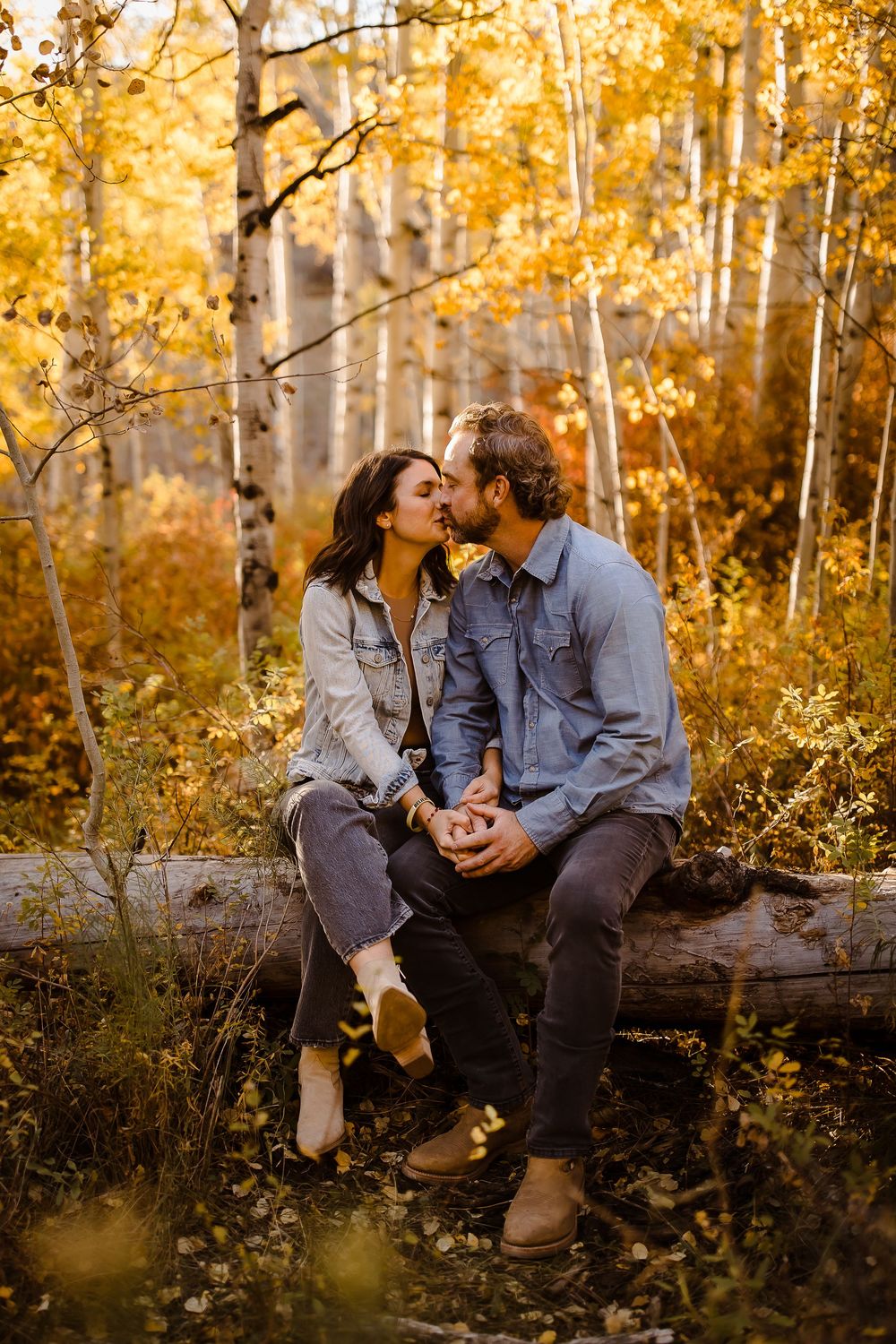 A couple kisses while sitting on a log in front of yellow aspen leaves in Colorado