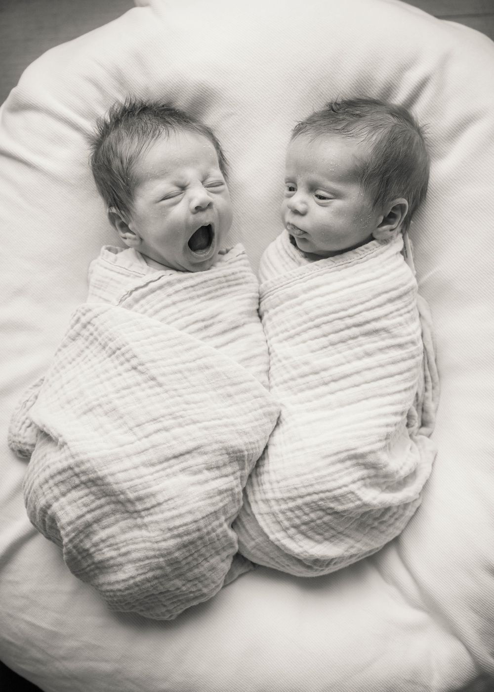 Four black and white photographs show newborn twins swaddled in matching blankets sleeping peacefully together on white bedding.