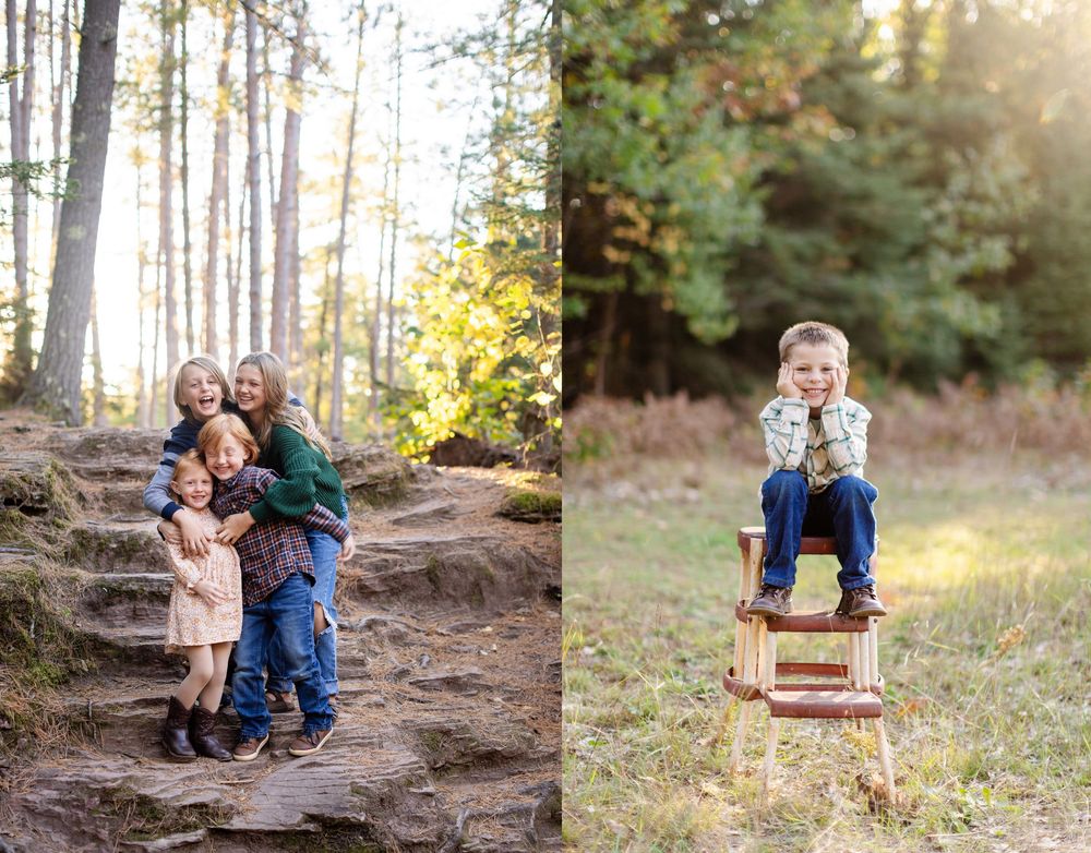 Children sitting on wooden furniture in a sunlit autumn forest during an outdoor photo session.