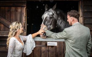 Bride and Groom equestrian farm wedding at langford farm new forest petting the pony
