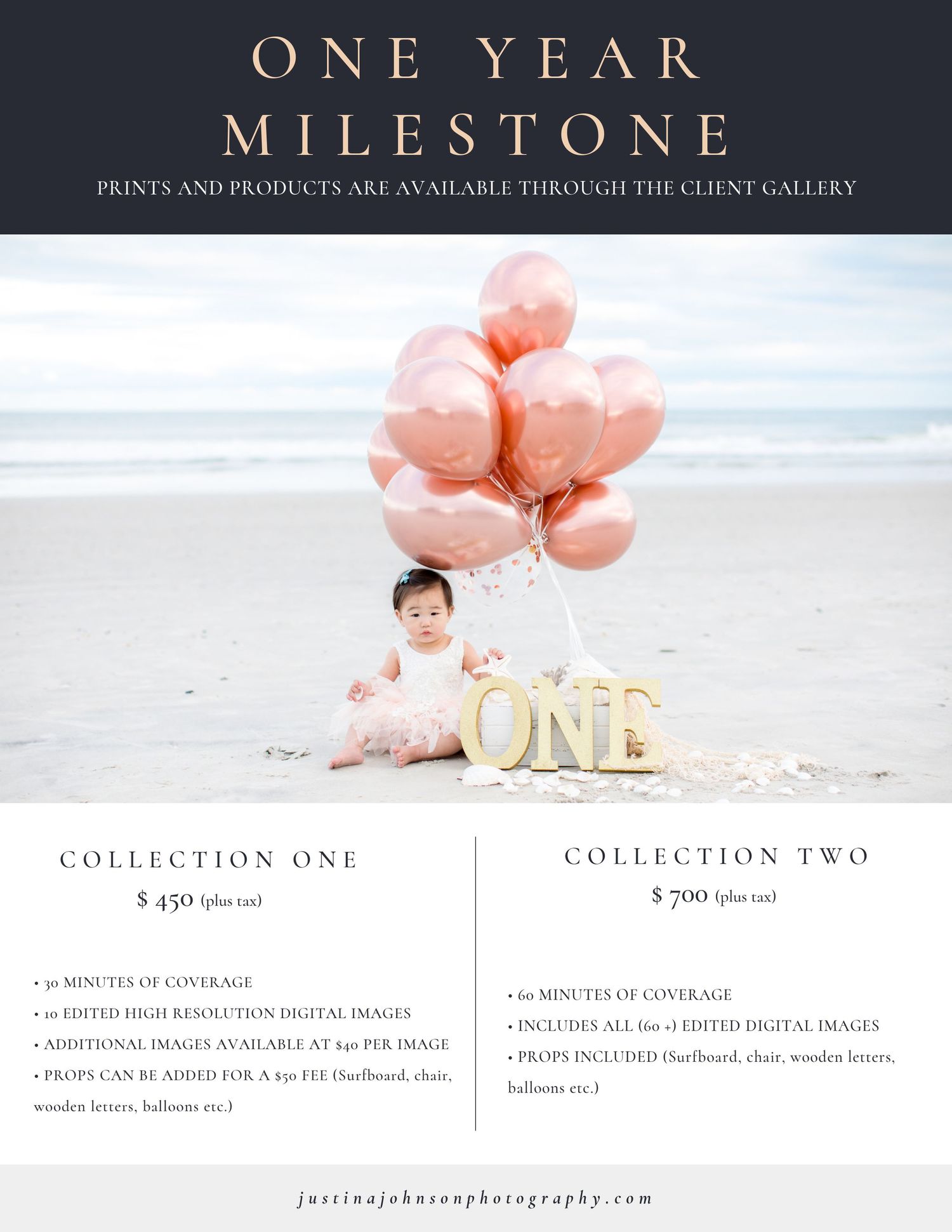 First birthday milestone session pricing with beach setting and pink balloons theme options.