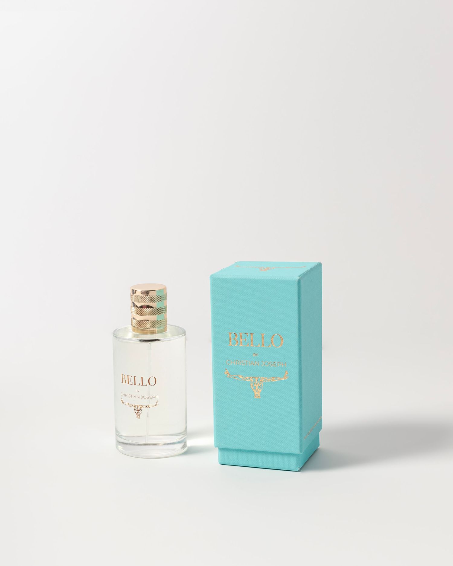 Luxury perfume bottle with turquoise blue packaging box displayed on white background.