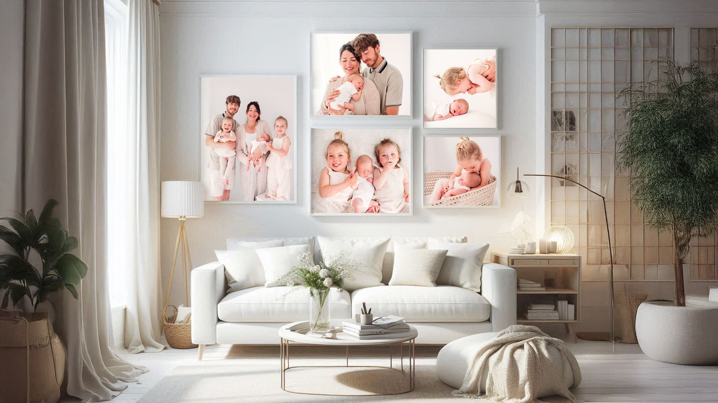 picture frames hanging on a wall above a table and chair, of a newborn baby with mother, Verity Thewlis Photography