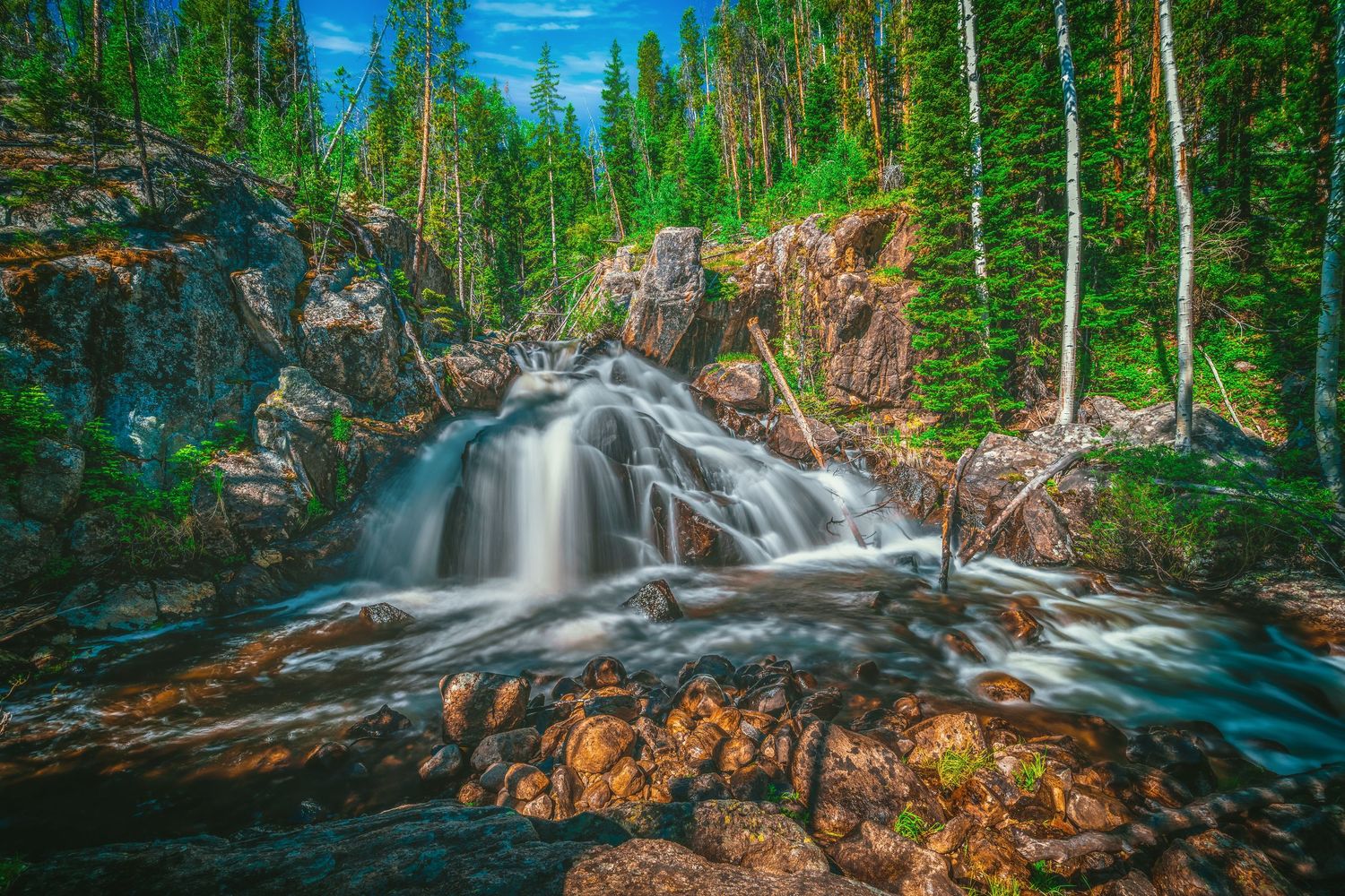 Fine art nature landscape photography, river and waterfall long exposure in a Northern Colorado canyon.