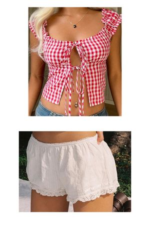 Red gingham lace-up crop top with ruffle sleeves paired with white lace-trim cotton shorts outfit flatlay.