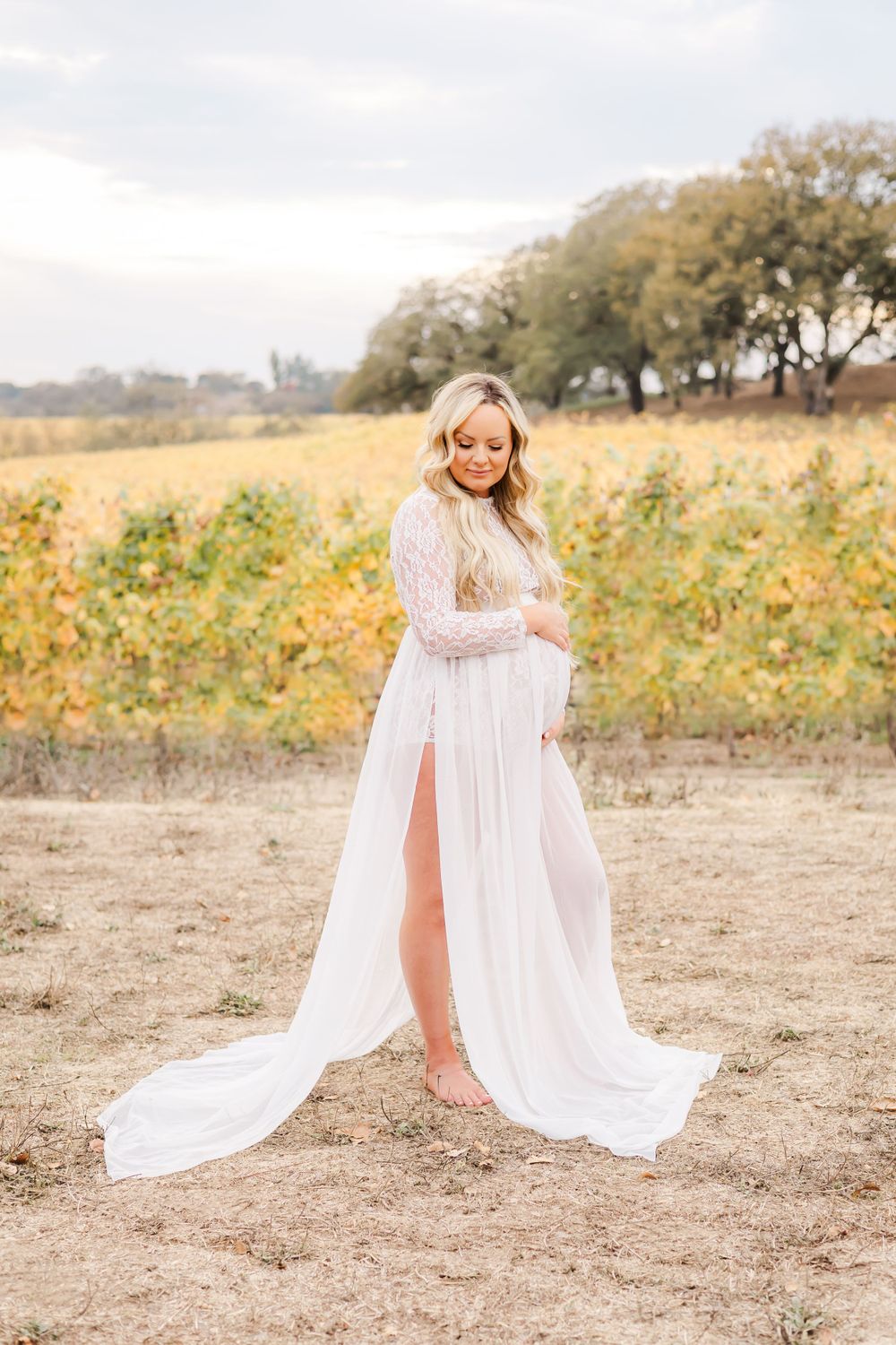 luxury maternity photographer in a vineyard in Sonoma County. pregnant woman in long, flowy white lace dress at sunset.