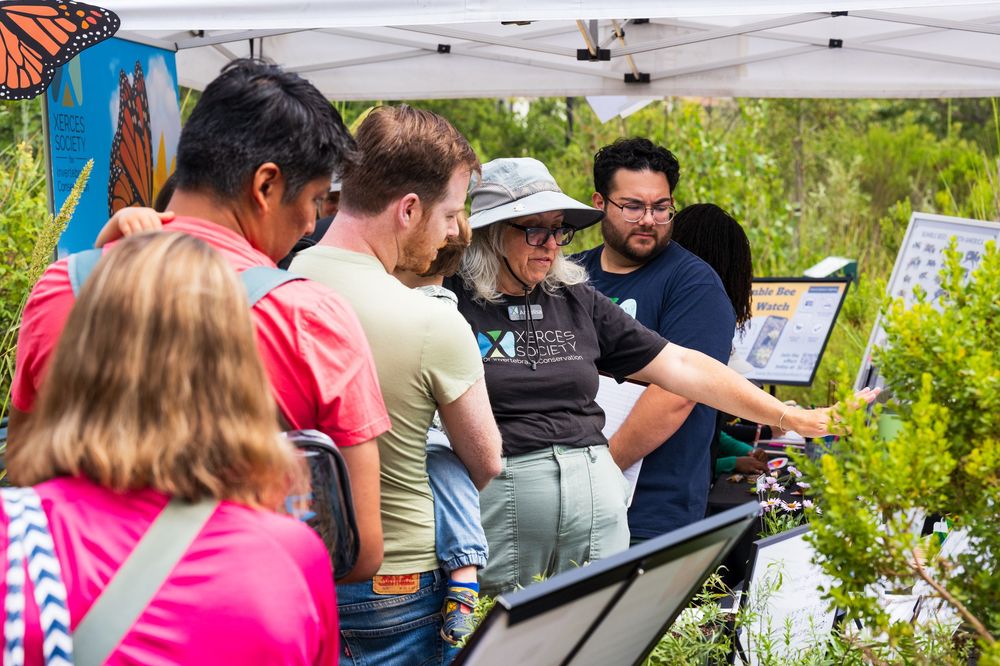 Group of people gather around an information display table outdoors during a nature event.