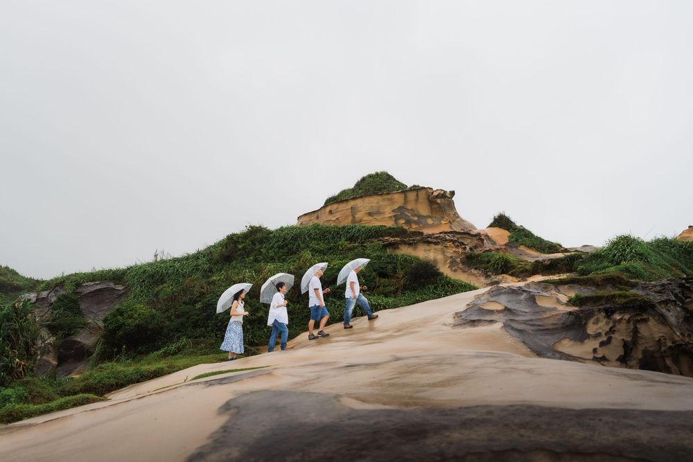 Group of four people carrying white umbrellas walking along a rocky coastal hillside path in overcast weather.