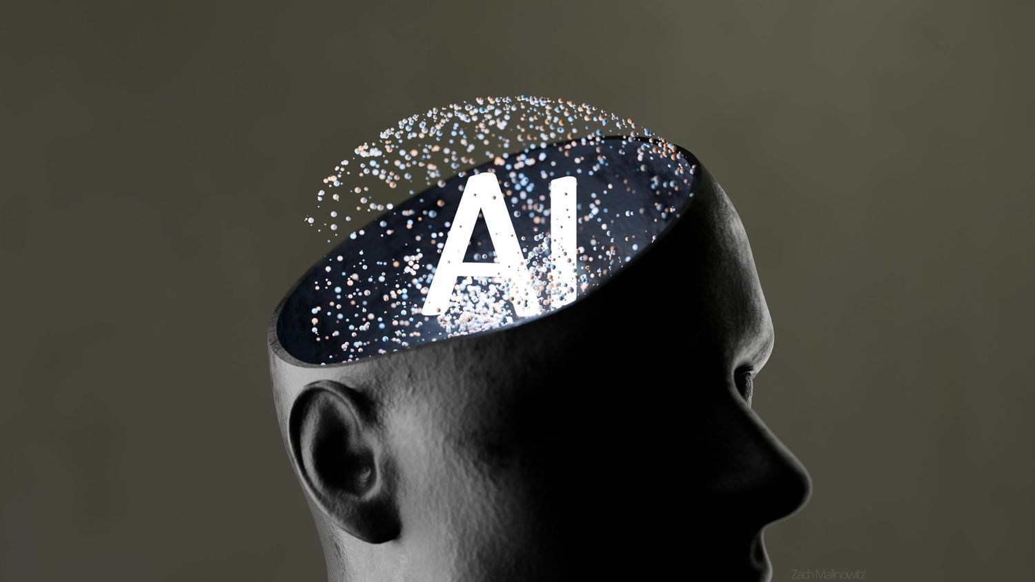 3D rendered human head silhouette with glowing AI text and digital particles representing artificial intelligence concept.