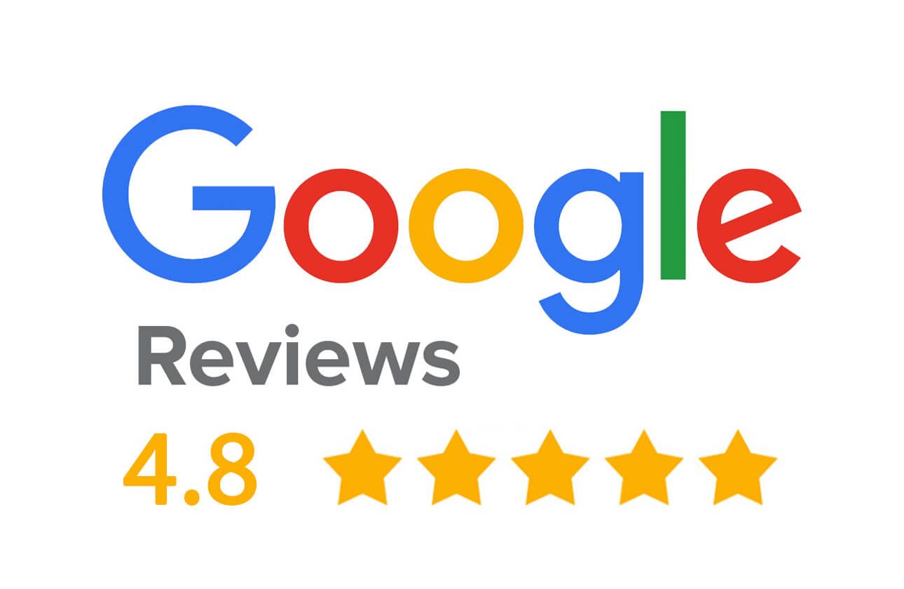 Google Reviews badge displaying a 4.8 star rating with five gold stars on a white background.