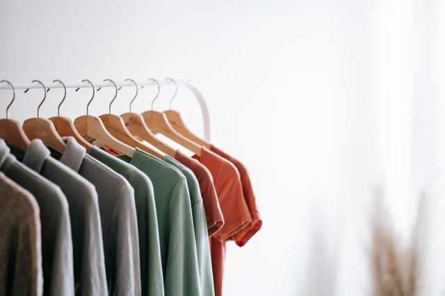 Colorful t-shirts on wooden hangers displayed on a clothing rack in shades of gray, green, and rust orange.
