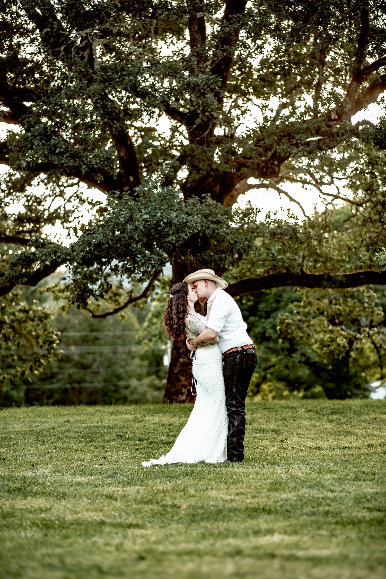 Bride and groom sharing a romantic kiss under a sprawling oak tree on a lush green lawn at an outdoor wedding.