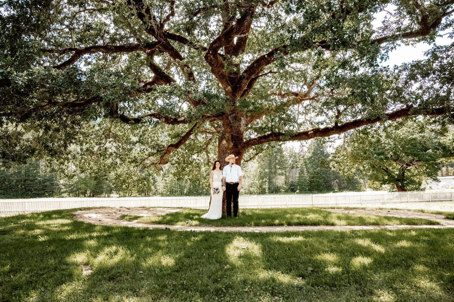 Bride and groom standing beneath a massive oak tree on lush green grass at an outdoor wedding venue.