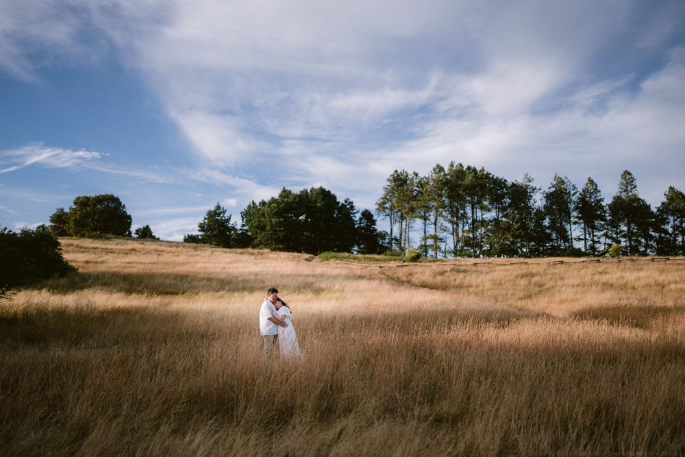 Couple kissing in a golden field with trees on a hill under a blue sky.