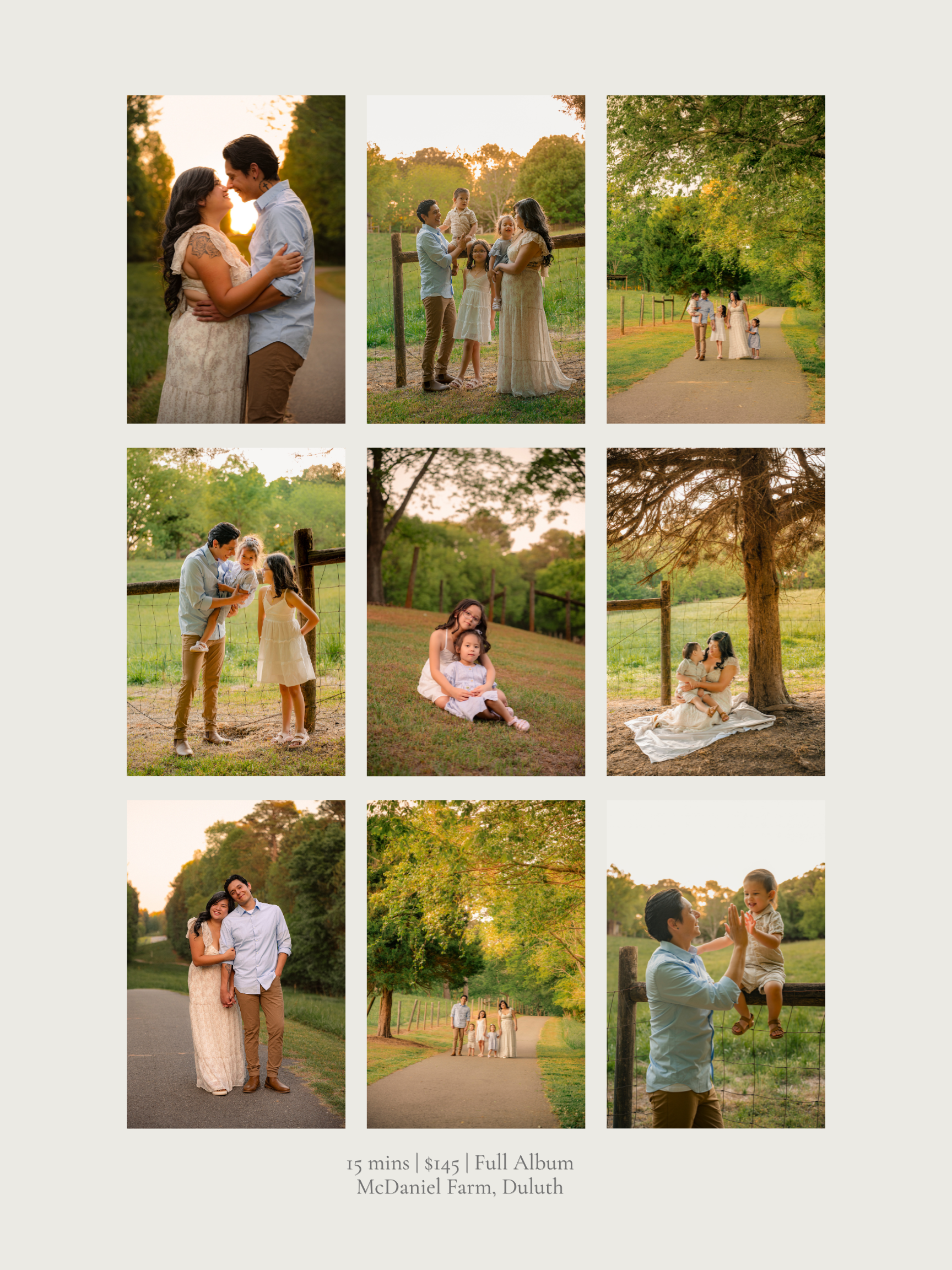 Romantic family photo collage at McDaniel Farm, Duluth, featuring couples and children in golden hour light among lush greenery.