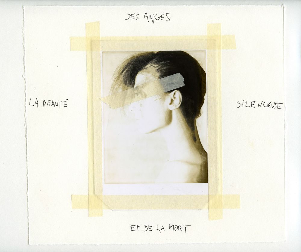 French art collage with taped polaroid portrait, text reading des anges, la beaute, silence, et de la mort.