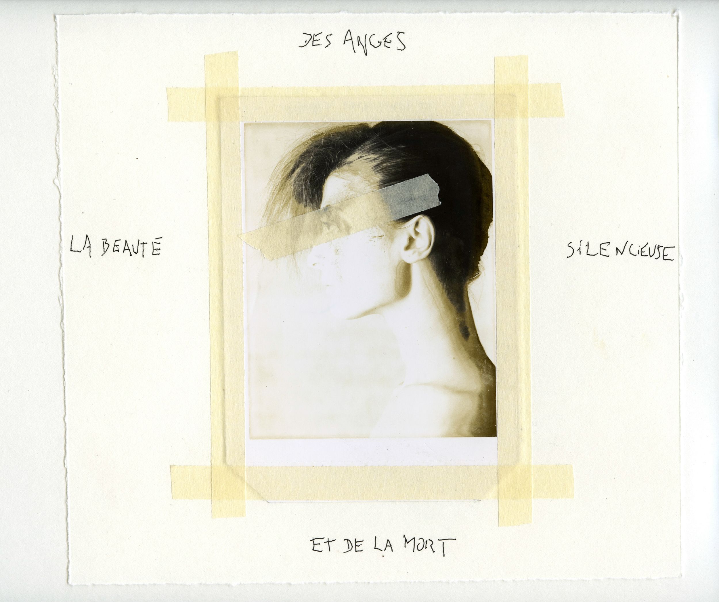 French art collage with taped polaroid portrait, text reading des anges, la beaute, silence, et de la mort.