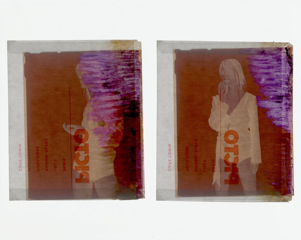 Two vintage polaroid-style photos showing a woman in white against a red and purple abstract background.