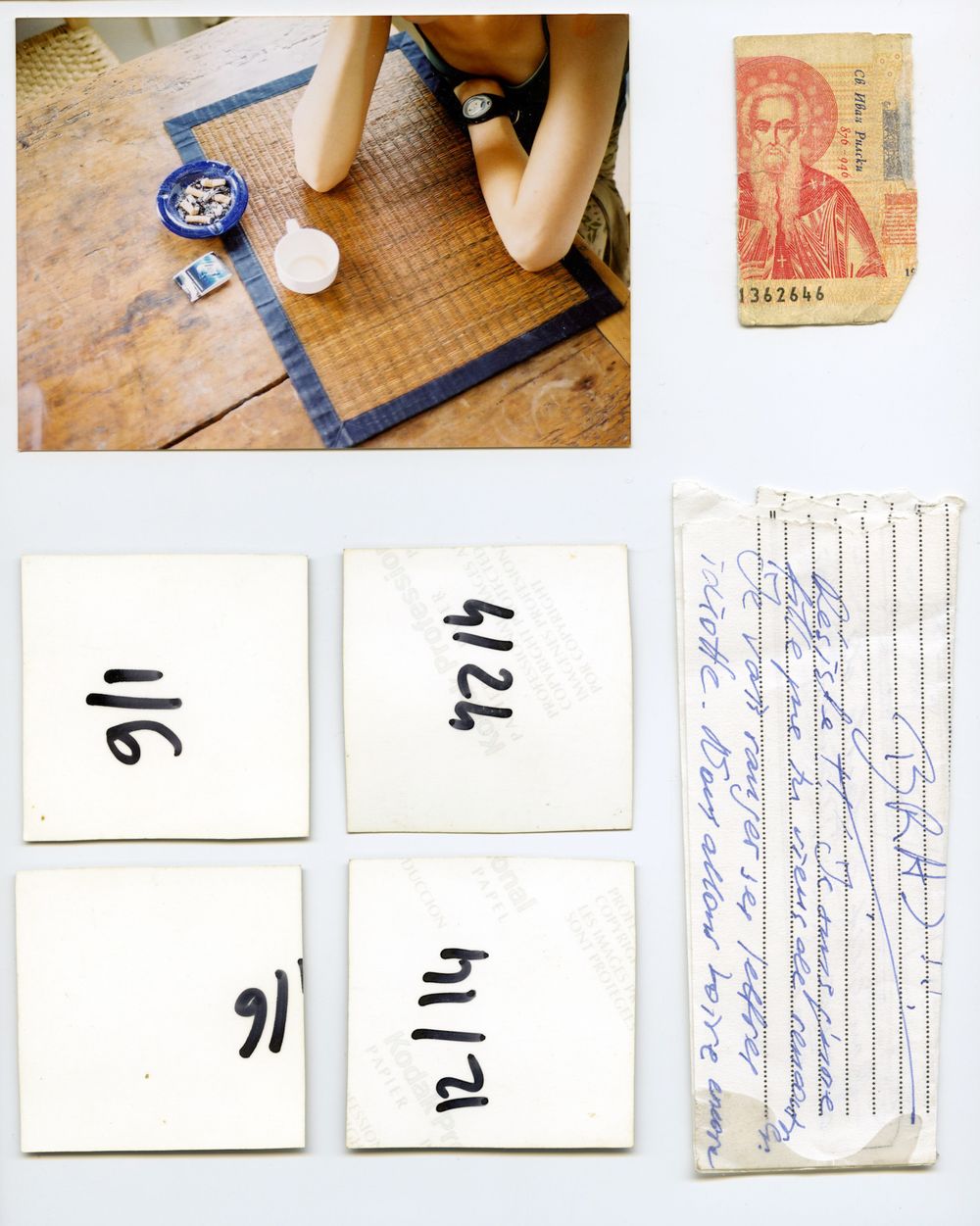 Collage of photos showing a person crafting, a currency note, handwritten date cards, and a handwritten envelope.