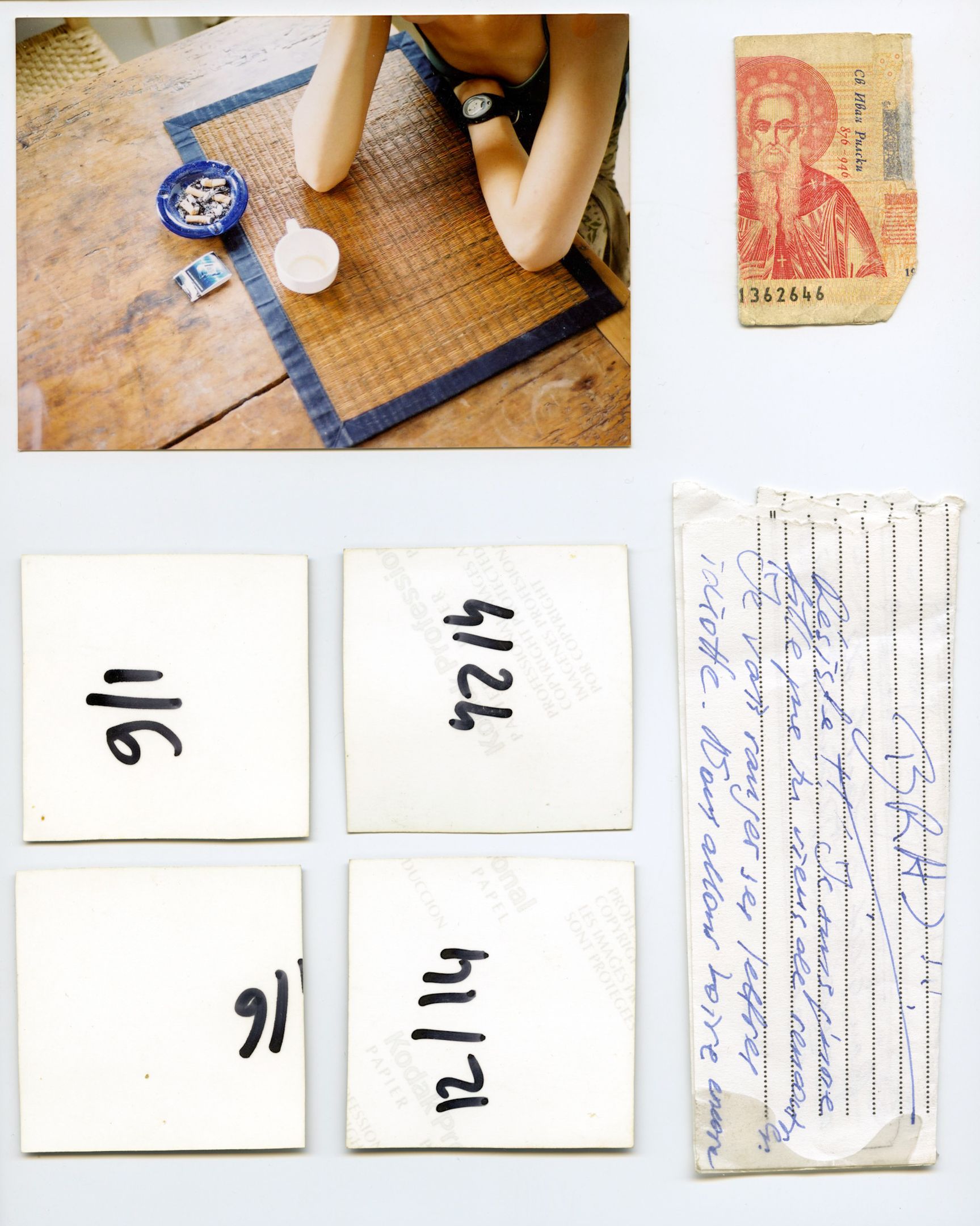 Collage of photos showing a person crafting, a currency note, handwritten date cards, and a handwritten envelope.
